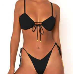 Noblag Luxury Bikini Set Top Lace-Up Front And Bottom Cheeky Tie Side Black