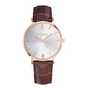 Noblag Luxury Minimalist Gold Watch For Women Brown Leather Strap Champagne 36mm