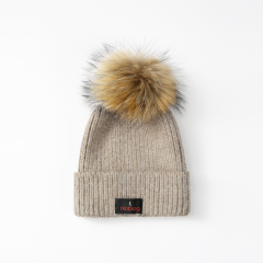 Noblag Luxury Cashmere Beanie Hat For Men & Women Khaki Fluffy Knitted With Fur Ball