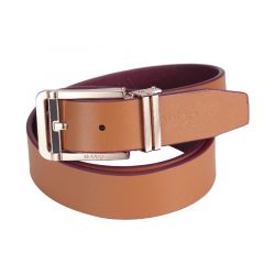 Noblag Luxury Men's Dress Belts Clamp Closure Calfskin Leather Stainless Steel Buckle Gold-Tone Cognac