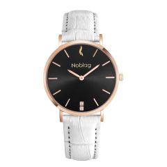 Noblag Luxury Minimalist Watch For Women White Leather Strap Black Dial 36mm