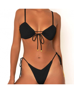 Noblag Luxury Bikini Set Top Lace-Up Front And Bottom Cheeky Tie Side Black